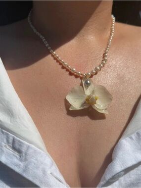 Pearl Beaded Necklace with White Orchid Pendant